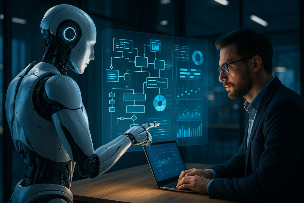 Escena realista de una empresa que aplica inteligencia artificial para automatizar procesos, con interacción entre humano y robot en entorno profesional.