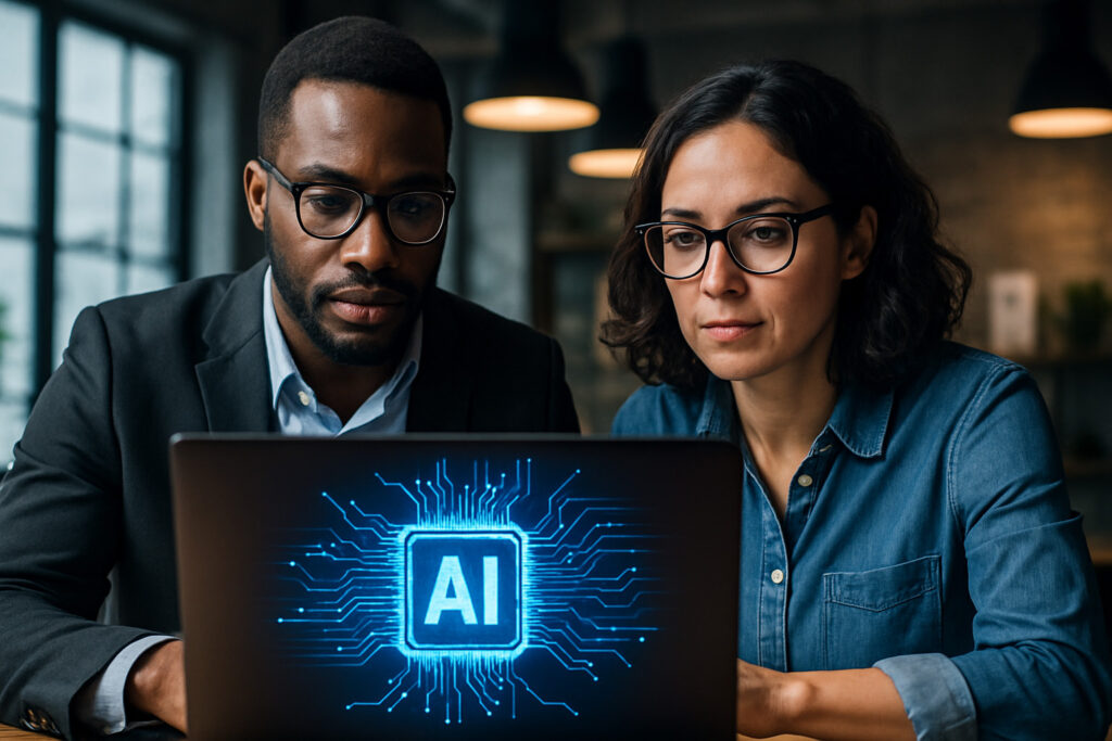 Profesionales analizando soluciones de IA para pymes en un entorno de oficina moderno, con enfoque en implementación tecnológica personalizada.