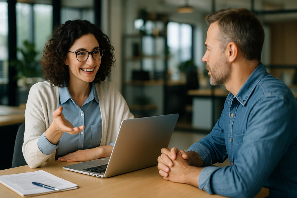 Profesional de soporte informático asesorando a un cliente pyme en una oficina moderna, escena realista que representa servicios IT personalizados.